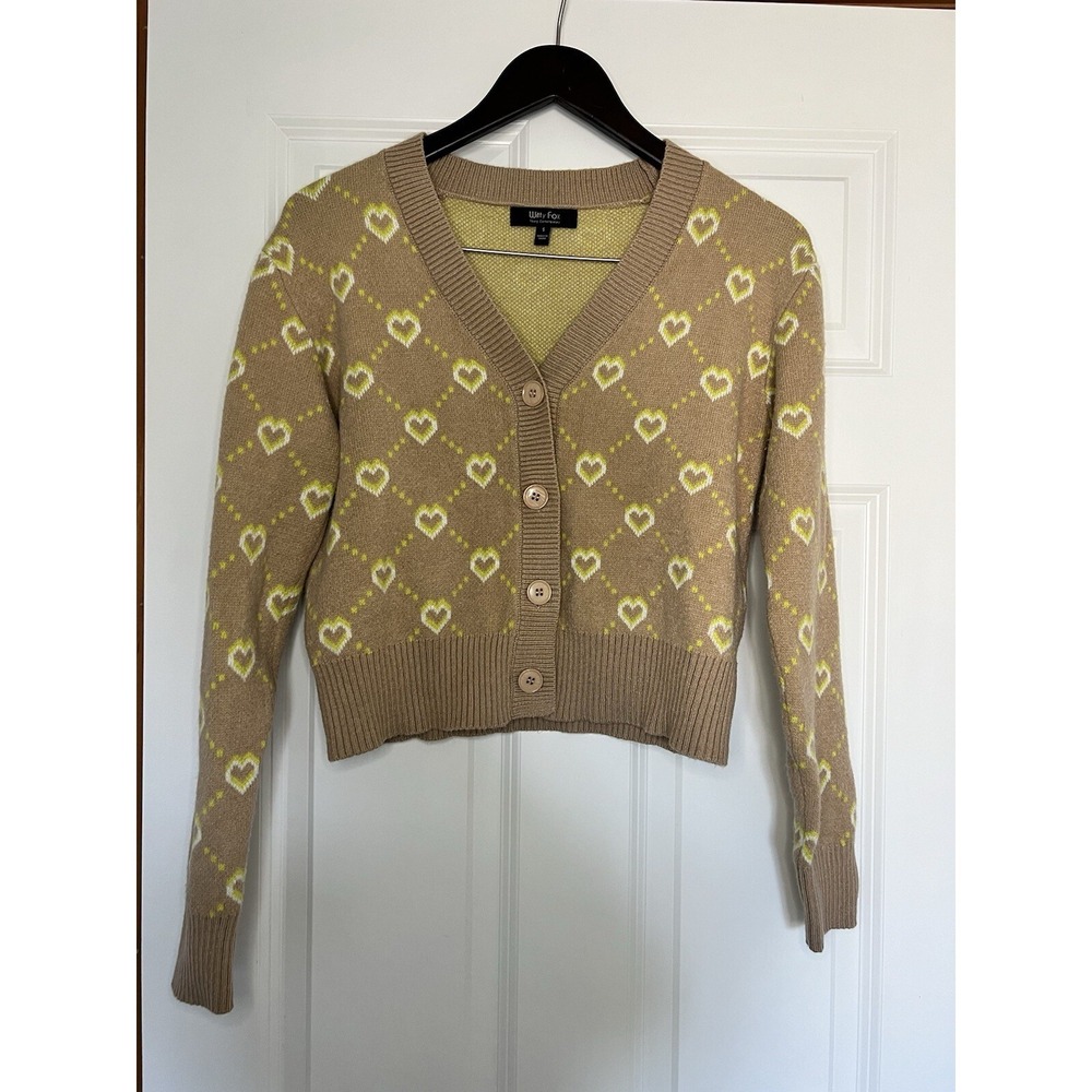This is a Witty Fox Heart Pattern Short Cardigan Size Small Beige Yellow White